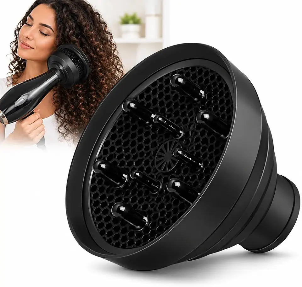 Difusor de Silicone Universal para Secador de Cabelo Dobrável Preto para Cachos Definidos Redução de Frizz Silicone Flexível Portátil Compatível com Diversos Secadores Ideal para Cabelos Cacheados Ondulados e Crespos - Qualidade Premium