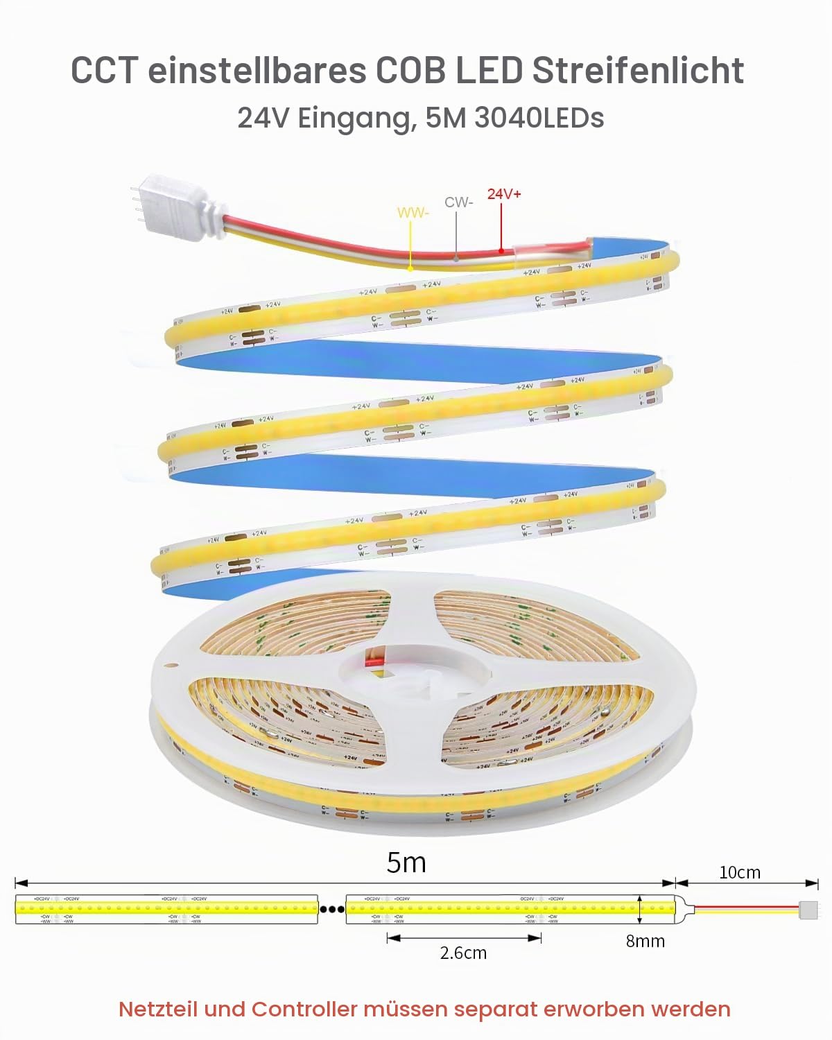 ALITOVE 24V LED Streifen 10M Abstimmbar Weiß 2700K~6500K mit APP-Steuerung | RF Fernbedienung, Lichtband LED Selbstklebend, Flexibel 608LEDs/M, Für DIY Unterschrank Beleuchtung Küche TV