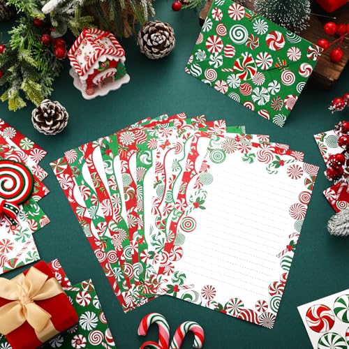 Image of TaoBary 160 Pcs Stationery Paper Set 50 Double Sided Stationery Papers with 50 Matching Envelopes and 60 Round Dot Sticker, 10 Design(Christmas Candy,5.5 x 8.25 Inch)