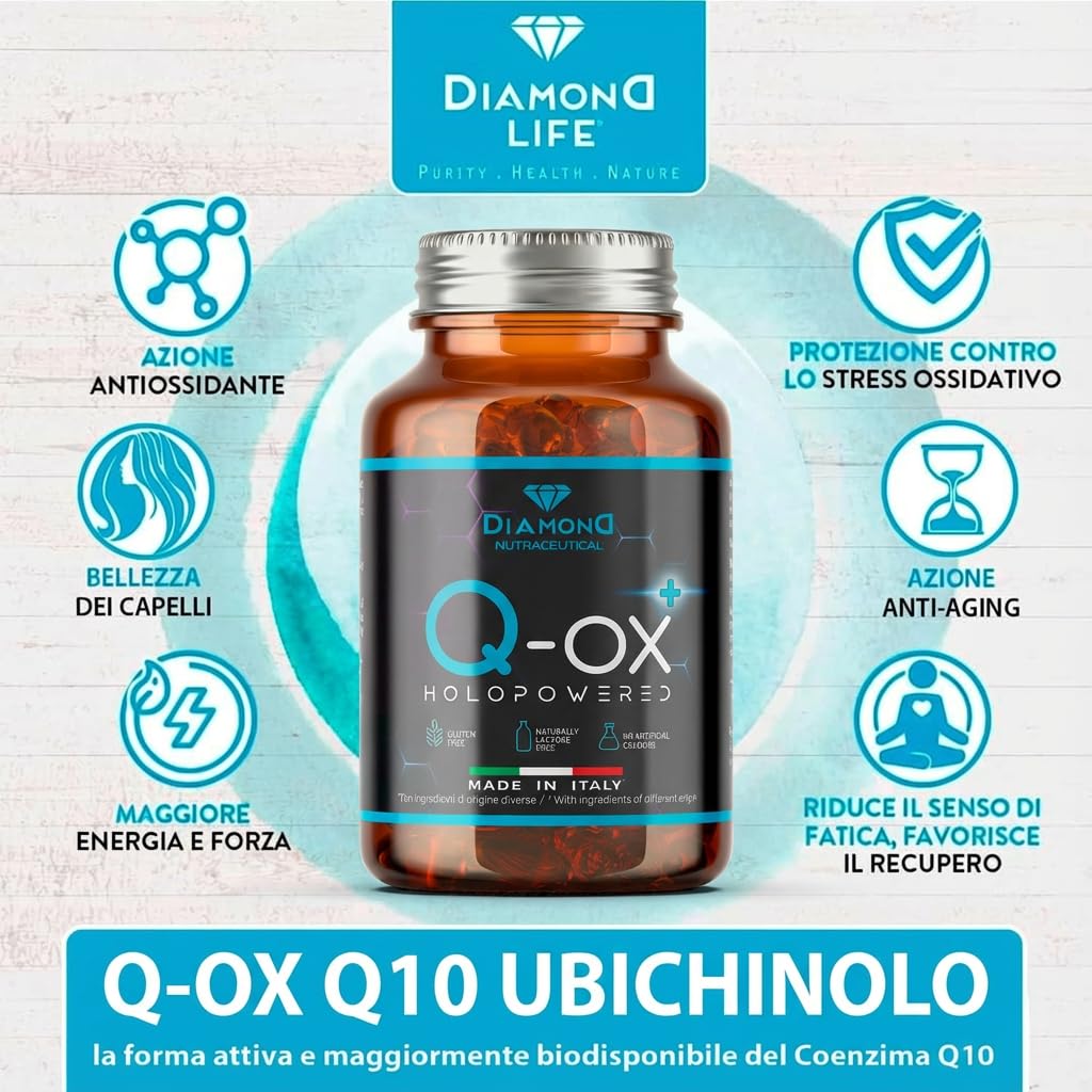 DIAMOND Q-OX - Q10 UBICHINOLO Bio-Potenziato | Nutraceutico a Base di Ubichinolo Kaneka QH® Puro Altamente Assimilabile | Fermentato Naturalmente | 30 Softgel Scure | Senza Glutine, No OGM