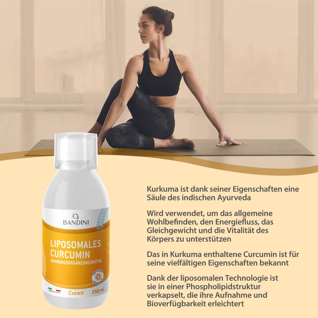 Bandini® Liposomales Curcumin Cureit® 250ml flüssig | Hochdosiert mit 200 mg Kurkumin pro Tagesdosis | Curcuma Extrakt mit Sonnenblumenlecithin | hohe Bioverfügbarkeit | 25 Portionen | Vegan, GMO-frei