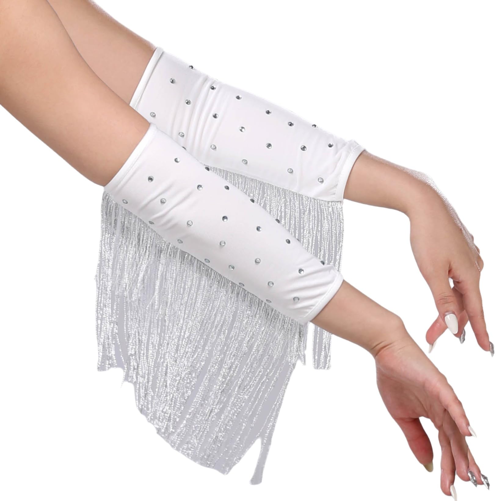 JanJean Sparkling Fringe Wrist Sleeves for Women Rhinestone Tassel Dance Gloves for Latin Salsa Bachata Performances Silver One Size
