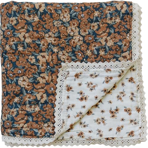 Image of Mebie Baby Muslin Quilt, Venetian Floral & Autumn Bloom, 100% Cotton Baby Blanket for Girls & Boys, Newborns to Toddler, Soft Swaddle Blanket, 47"x47"