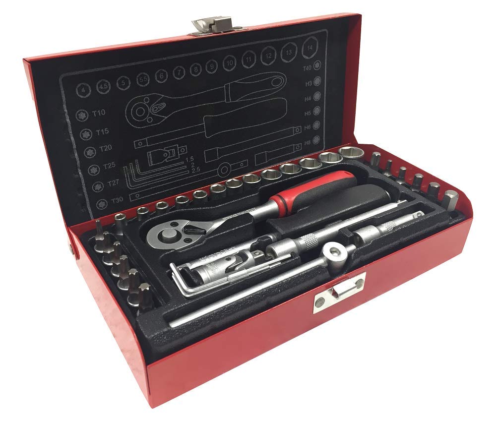Coffret Outillage 1/4" 34 Pièces – Jeu de Douilles et Cliquet, Coffret à Outils Compact pour Réparation Auto, Moto, Vélo et Bricolage