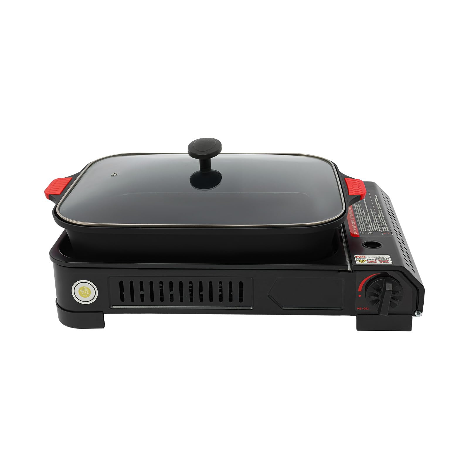 Barbacoa de gas para camping, pequeña 2,1 kW, hornillo de gas con placa de parrilla y tapa de cristal, para camping, bidón de butano, hornillo de camping para interiores, exterior (con asa)