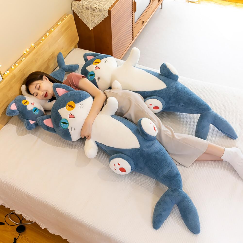 Uposao Hermosa muñeca de gato de tiburón de felpa, linda caricatura, almohada de gatito de tiburón de peluche suave, almohada alargada para dormir, juguetes para muñecas, regalo para la familia