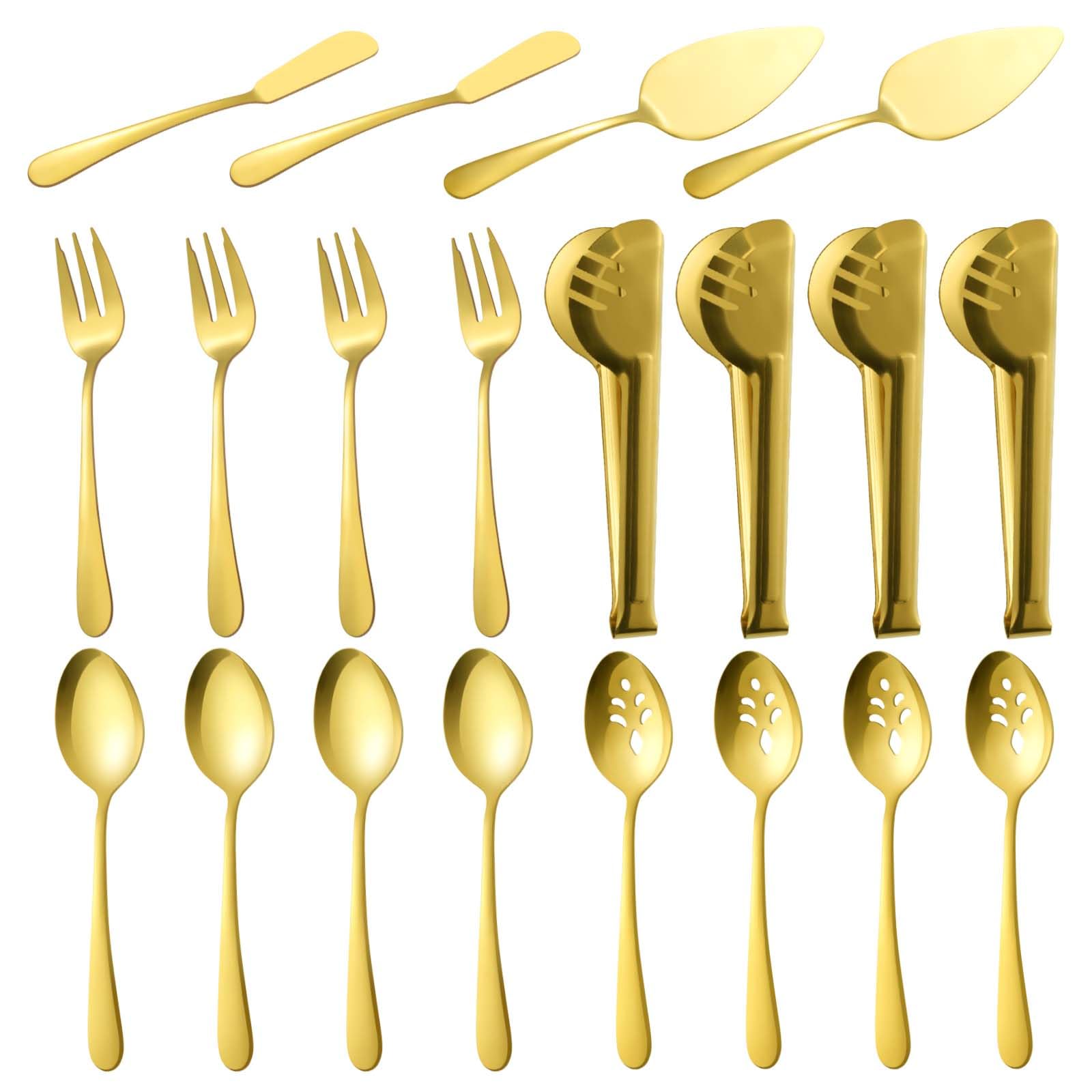 BEWOS Gold Serving Utensils, 20-Piece Serving Utensils set, Gold Serving Spoons, Slotted Spoons, Tongs, Forks, Cake Server, Butter Knife, Stainless Steel Serving Utensils for Parties, Dishwasher Safe
