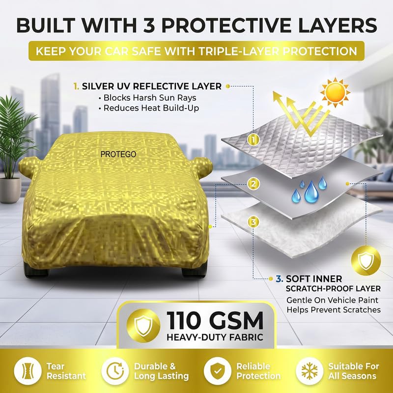 Image of PROTEGO All Weather Protection Car Cover for Ameo | Anti Dust, 100% Waterproof, Custom Fit, Multi-Layered, Elastic Grip, Buckle Hook with Mirror Pocket | (Gold)