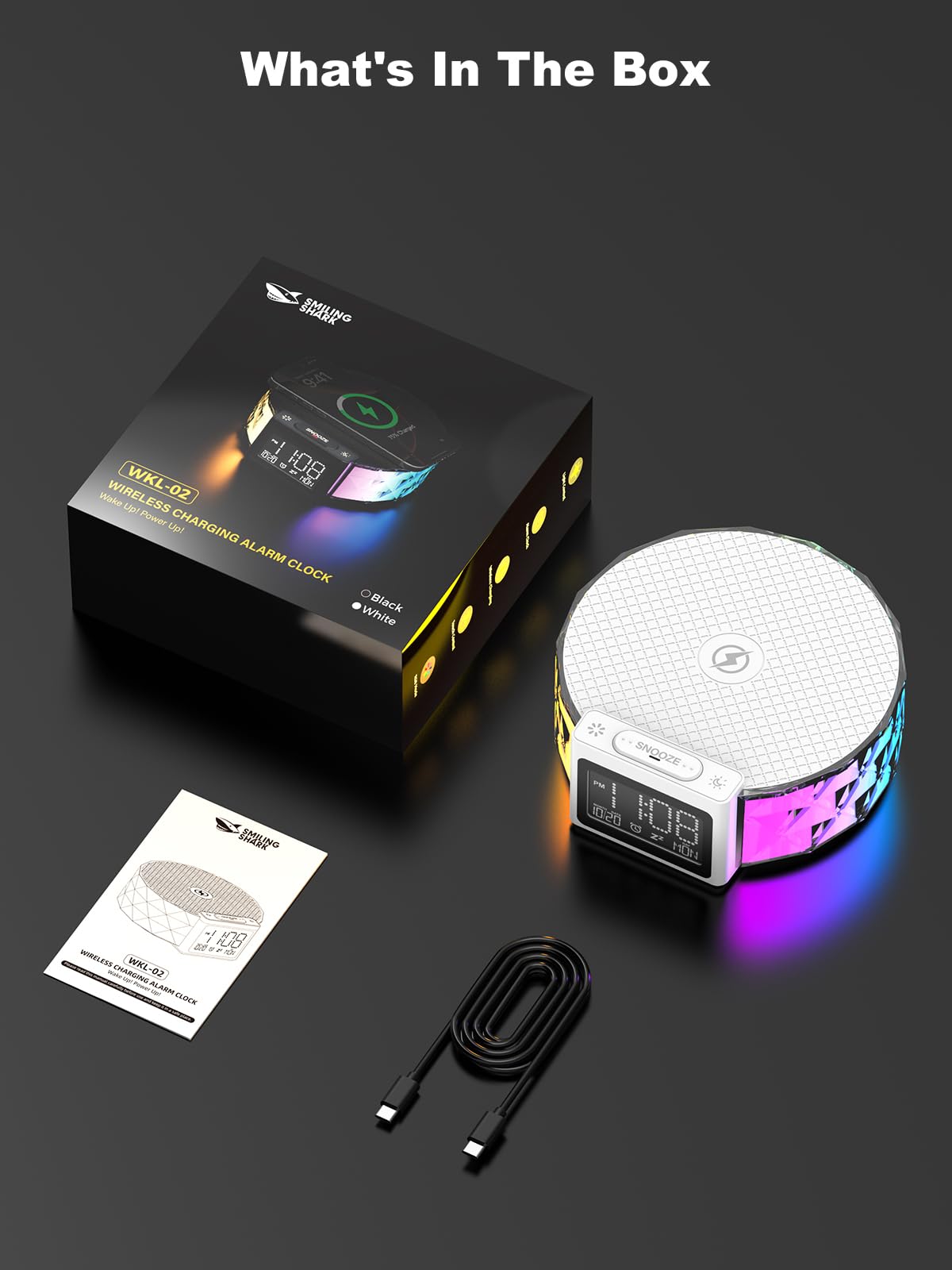 Smiling Shark Lichtwecker, Nachttischlampe Wecker Kabelloser Ladestation mit Touch Steuerung 3 Stufen und RGB-Modus LCD-Display Ladegerät Wecker Licht Nachttischlampen für Schlafzimmer Zuhause-Deko | WKL-02 Nachttischwecker Licht mit 3 Nachtlichtern und R