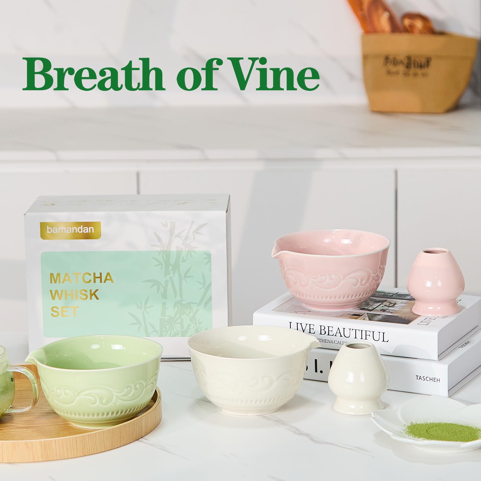 Matcha-Schneebesen-Set, Keramik-Matcha-Teeset mit Schüssel, Schneebesen und Halter, Bambusschaufel, Schaufelablage, Sieb und Geschirrtuch, 7-teiliges Set für Zeremonie (weiß)