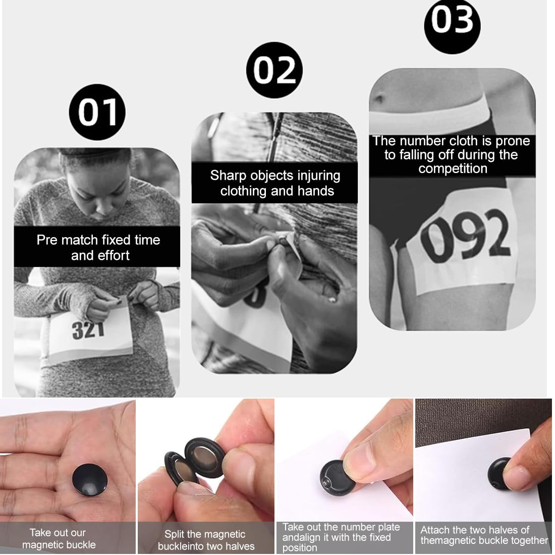 Set de 4 pièces dossard Number fixateur, dossard Number Aimant pour dossard Number Accessories, Accessoire de Boucle magnétique pour Marathon ou Semi - Marathon,Ø18 mm Aimants Dorsaux Running Noir