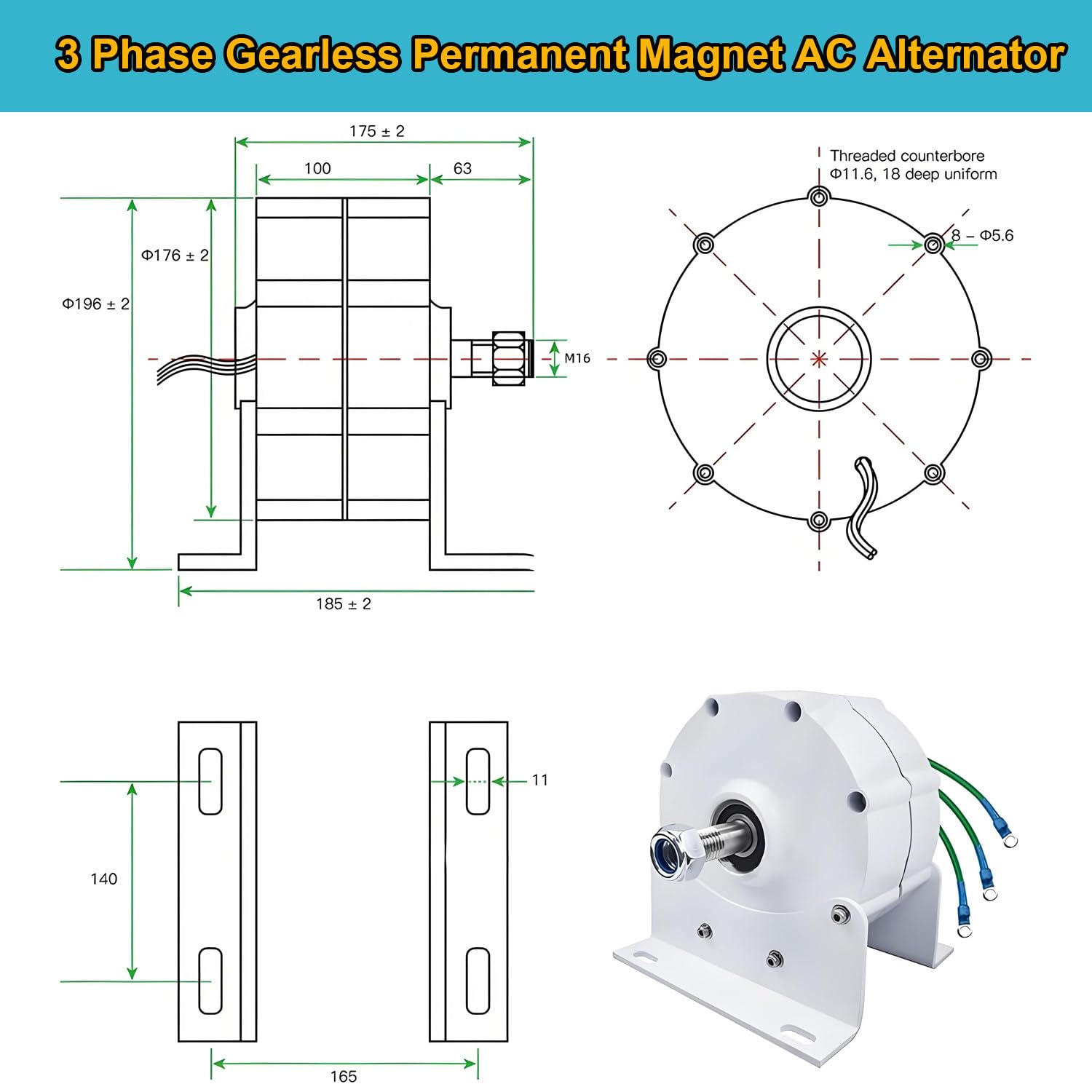 Nérateur à aimant permanent 12 000 W à faible tr/min 12 V/24 V/48 V 3 PhBrushless avec contrôleur de dissipation de la chaleur, économe en énergie pour les applications d'eau et de vent