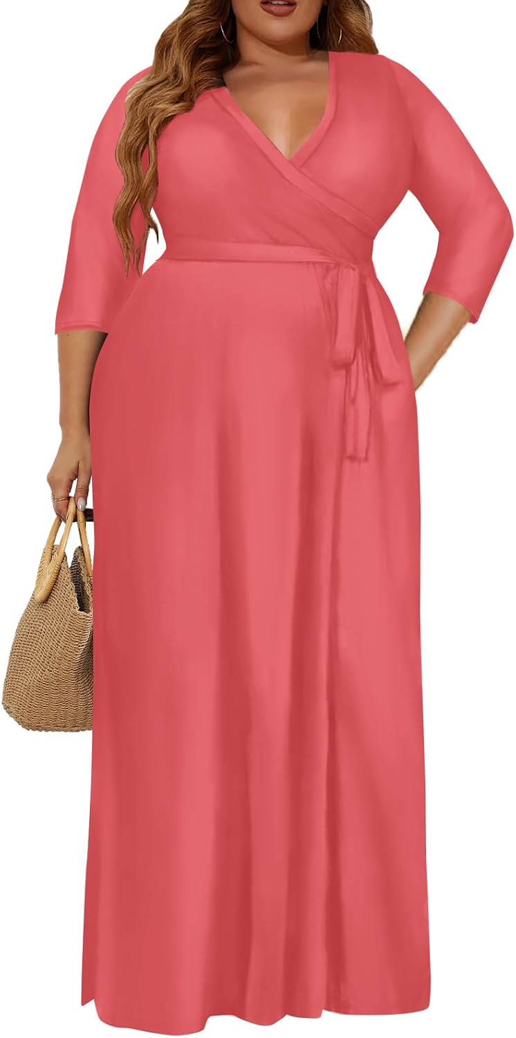 Plus Size Dress for Women - 3/4 Sleeve V-Neck Maxi Dress for Women with Belt and Pockets ?2XL-6XL 3-pink XX-Large