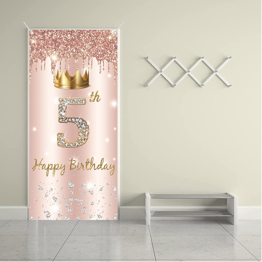 5. urodziny dziewczyna dekoracja, Happy 5 Birthday drzwi w kolorze różowego złota, baner z materiału 5. urodziny materiał szyld plakat dekoracja drzwi baner, tło baner, tło baner przyjęcie urodzinowe dekoracja
