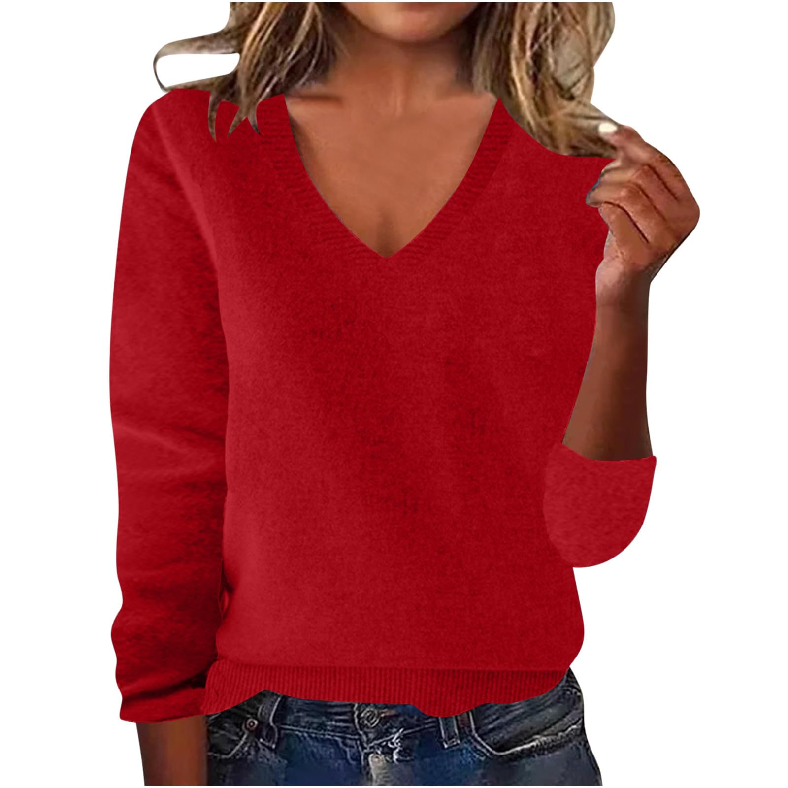 Warm Cashmere Sweaters for Women Fashion V Neck Classic Soft Pullover Sweater Loose Casual Long Sleeve Fall Winter
