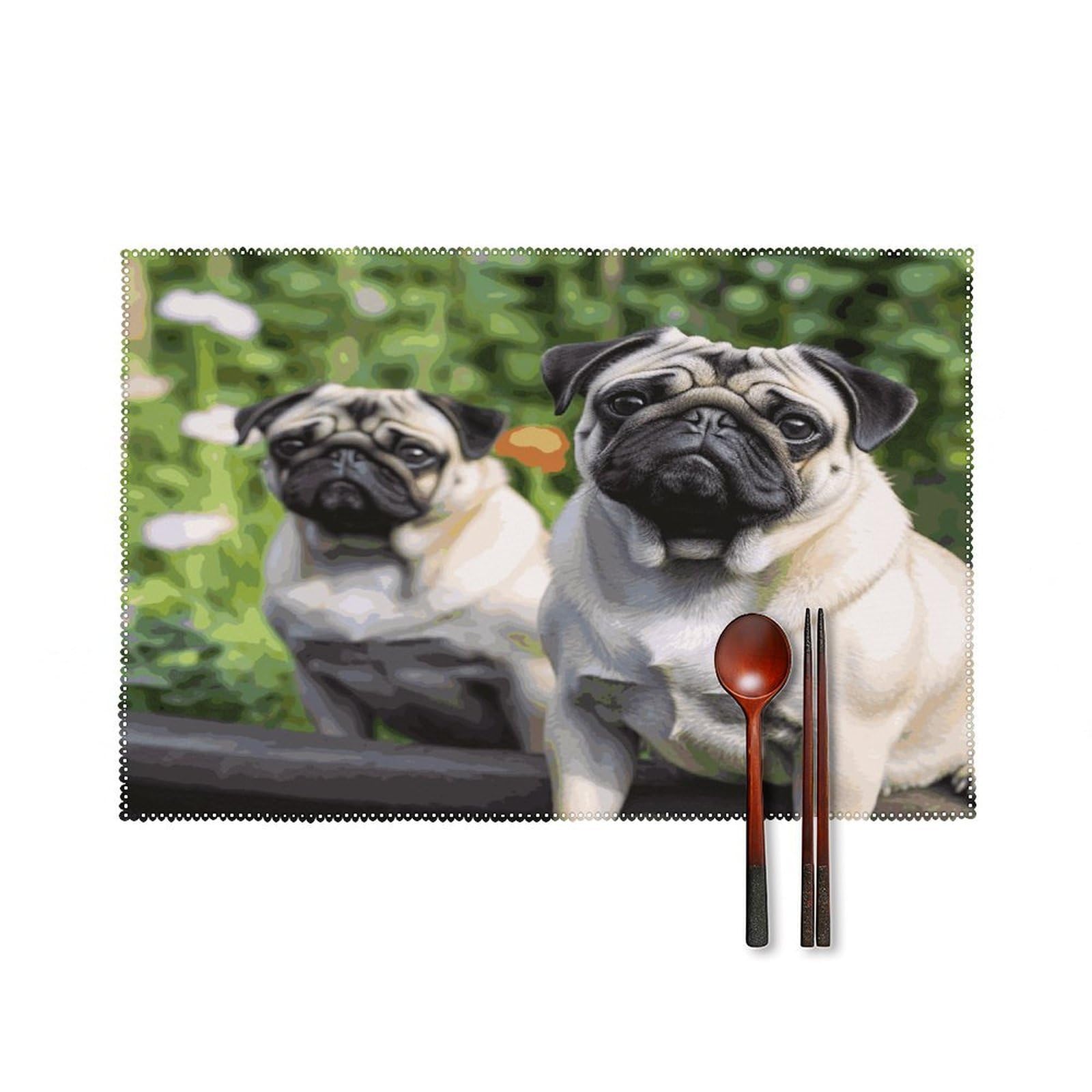 Pugs in The Garden Placemats Set of 4 Canvas Place Mats Non-Slip Heat Resistant Table Mats Washable Waterproof Placemat Wipeable Tablemats for Kitchen Dining Decor Place Mat