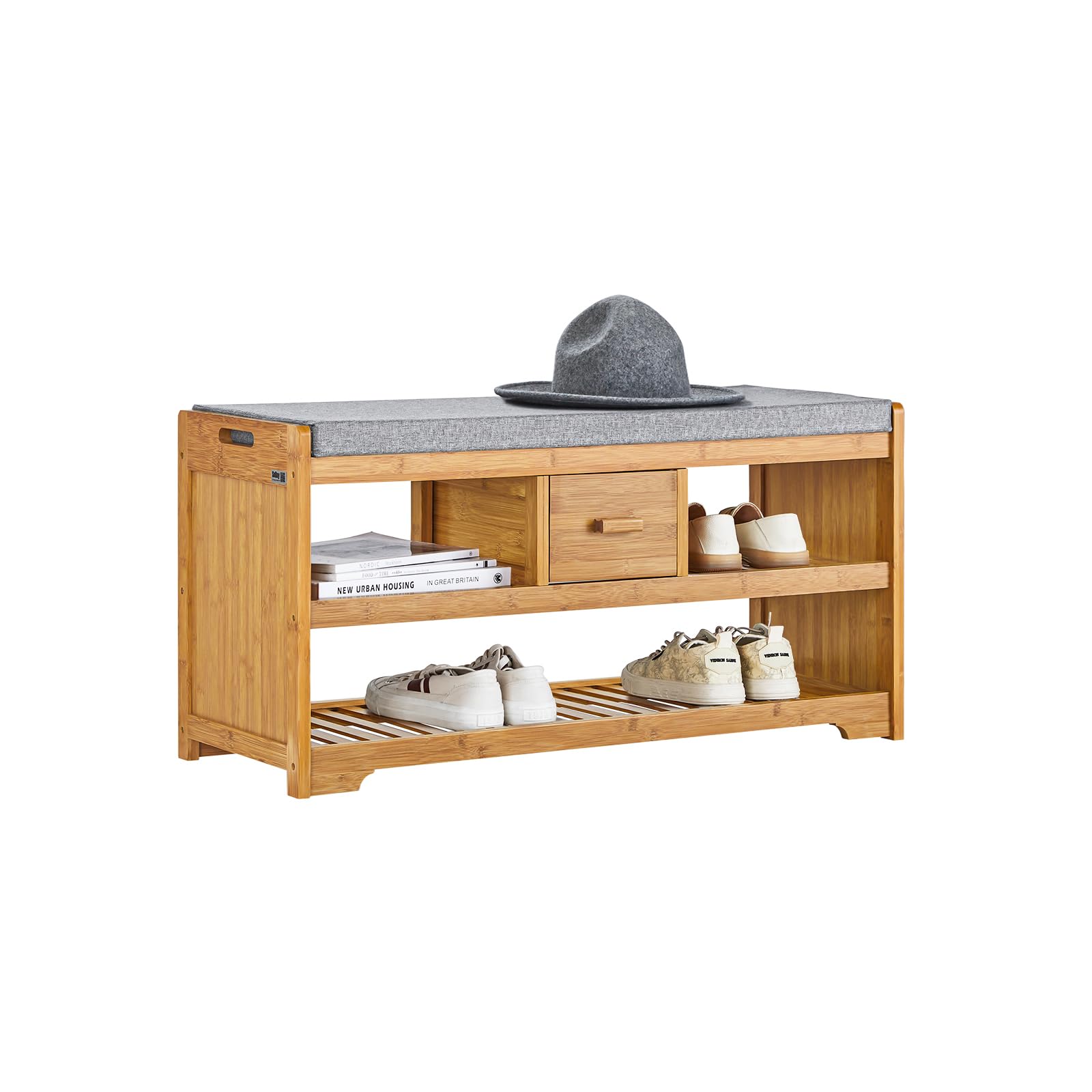 Sobuy Natural Sobuy® Fsr75-N, Bamboo 2 Tiers Shoe Rack Shoe Bench With Seat Cushion, Hallway Shoe Storage Bench Organizer With Drawer
