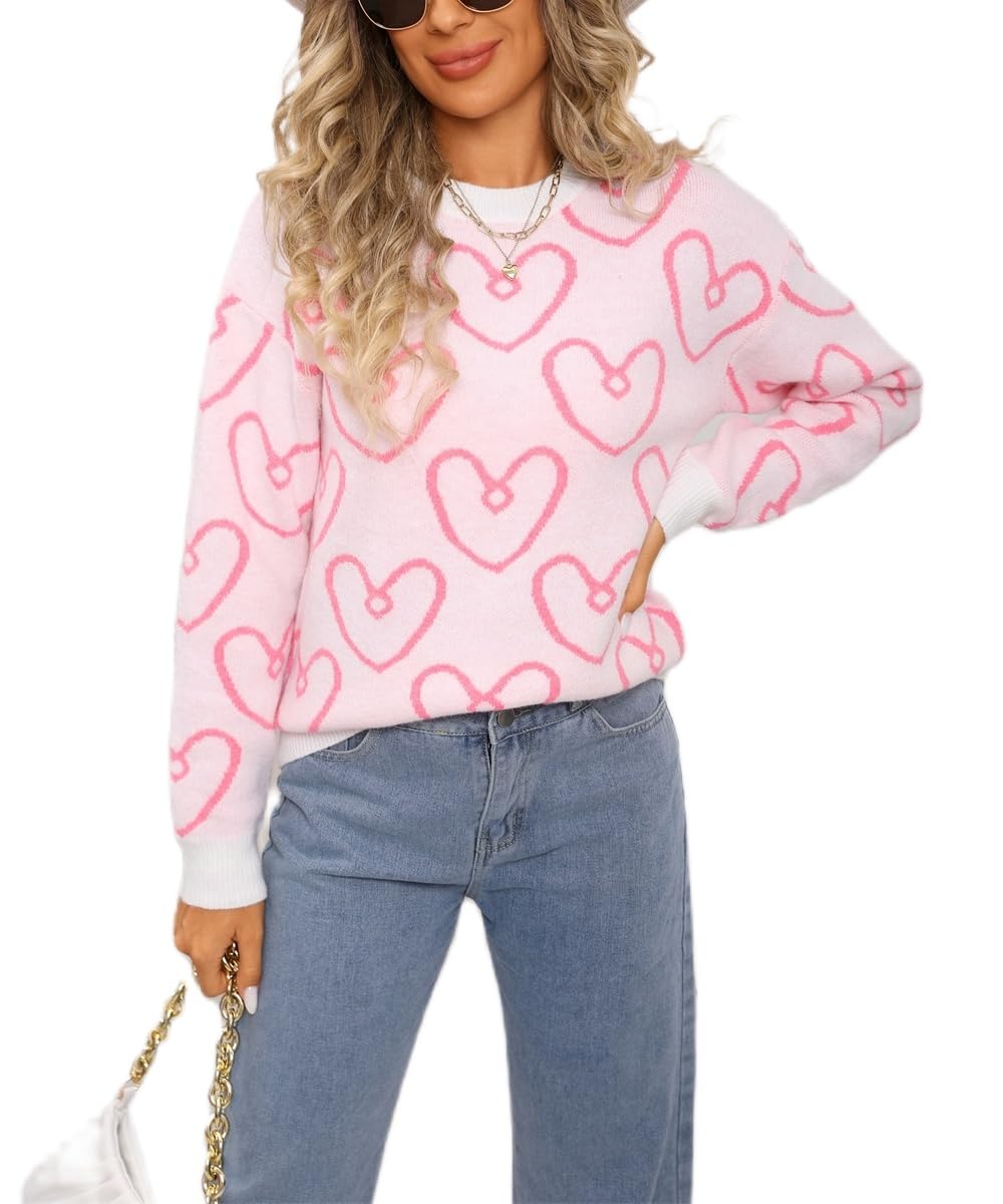 Women Heart Sweater Valentines Day Oversized Crew Neck Knitted Sweater Love Print Pullover Sweatshirt Top