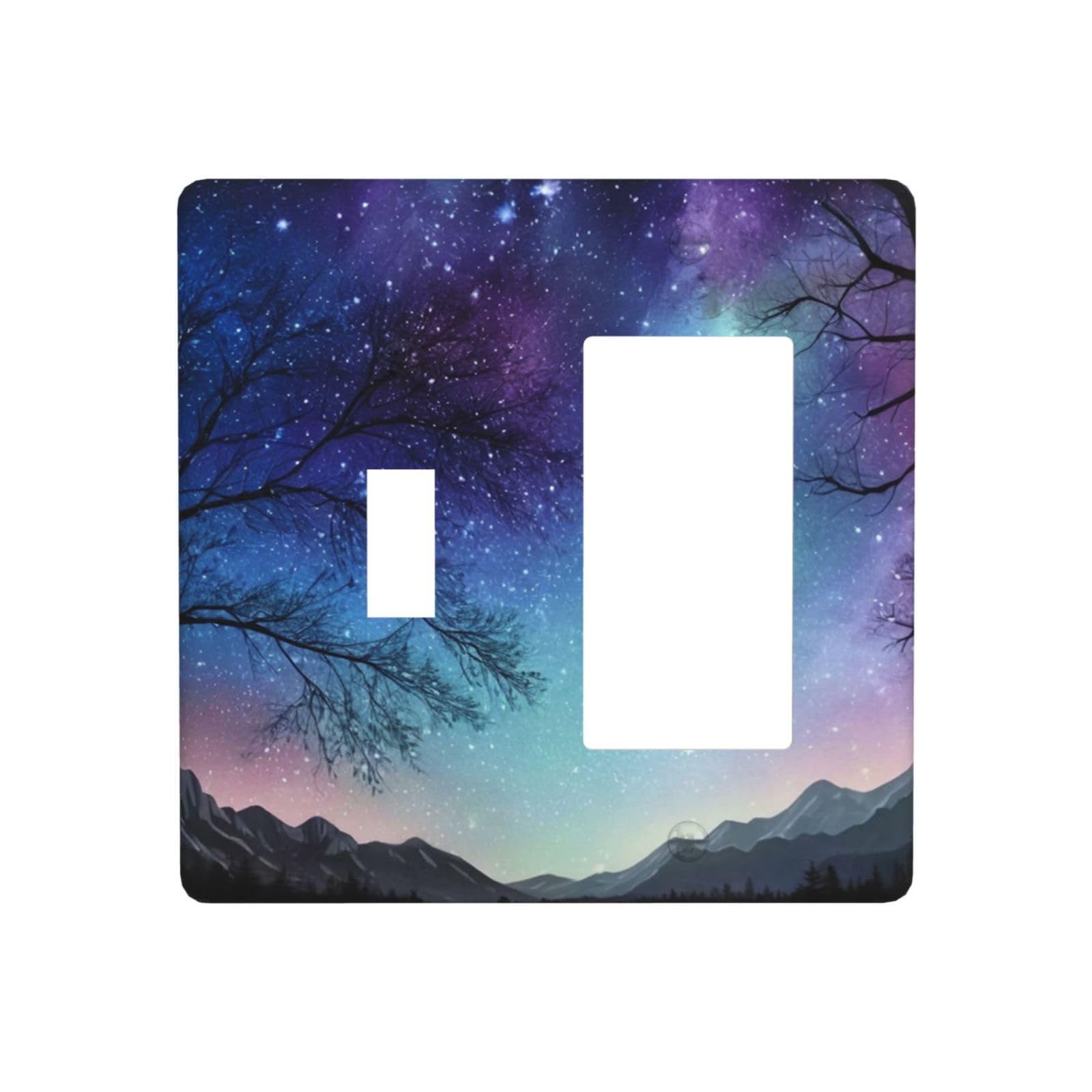 Spshian Outlet Covers Purple Galaxy Starry Sky Forest Mountains 2 Gang Combo Light Switch Cover Plate Toggle Rocker Switch Plate Covers Decorative