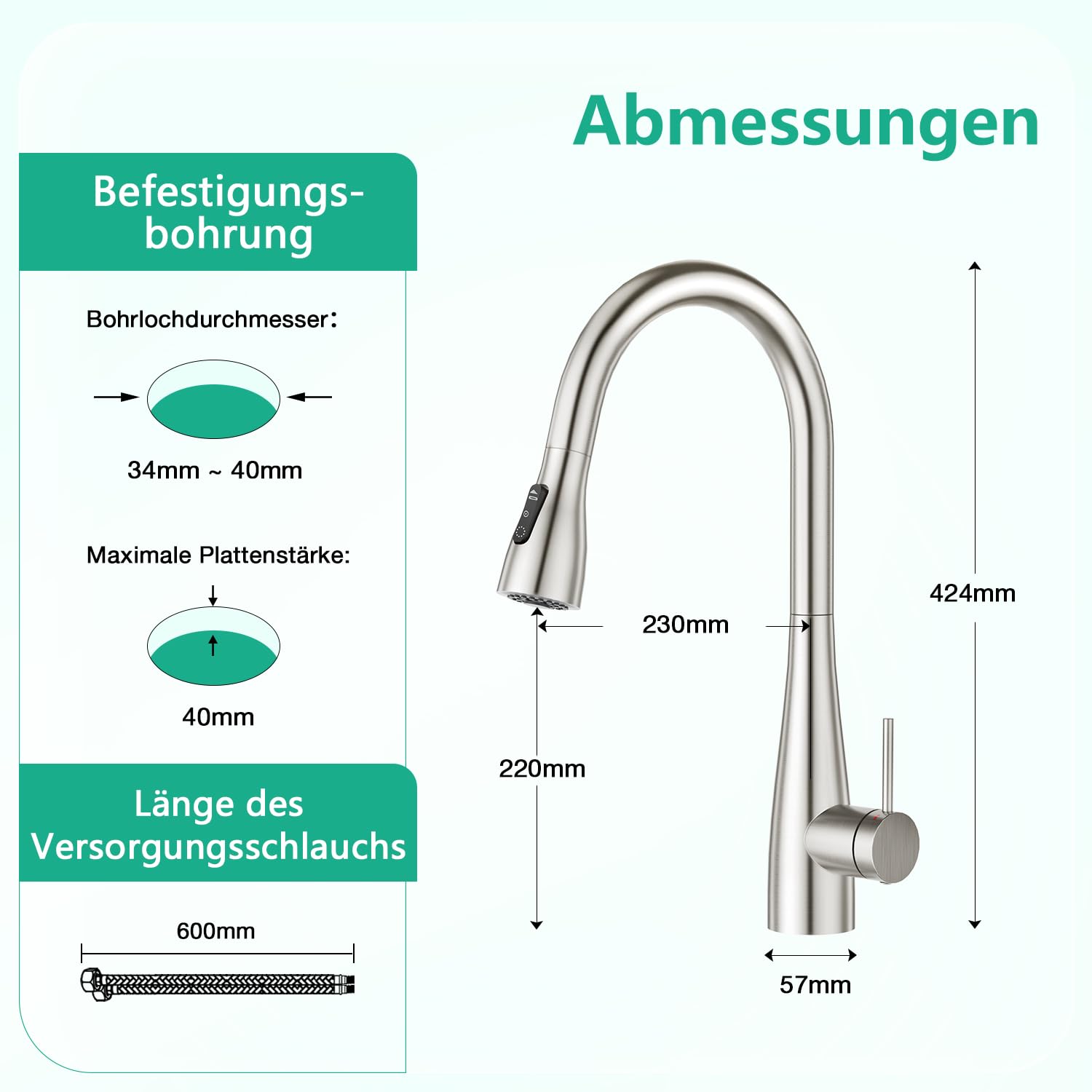 CREA Wasserhahn Armatur Küche Ausziehbar, Küchenarmatur mit Brause 3 Wasserstrahlarten, Einhebelmischer Spültischarmatur, Gebürstet