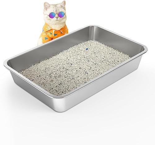 WENBOKMIN Caja de arena para gatos de acero inoxidable, caja de arena para gatos de 8 pulgadas de profundidad, gran lados altos, bandeja de arena