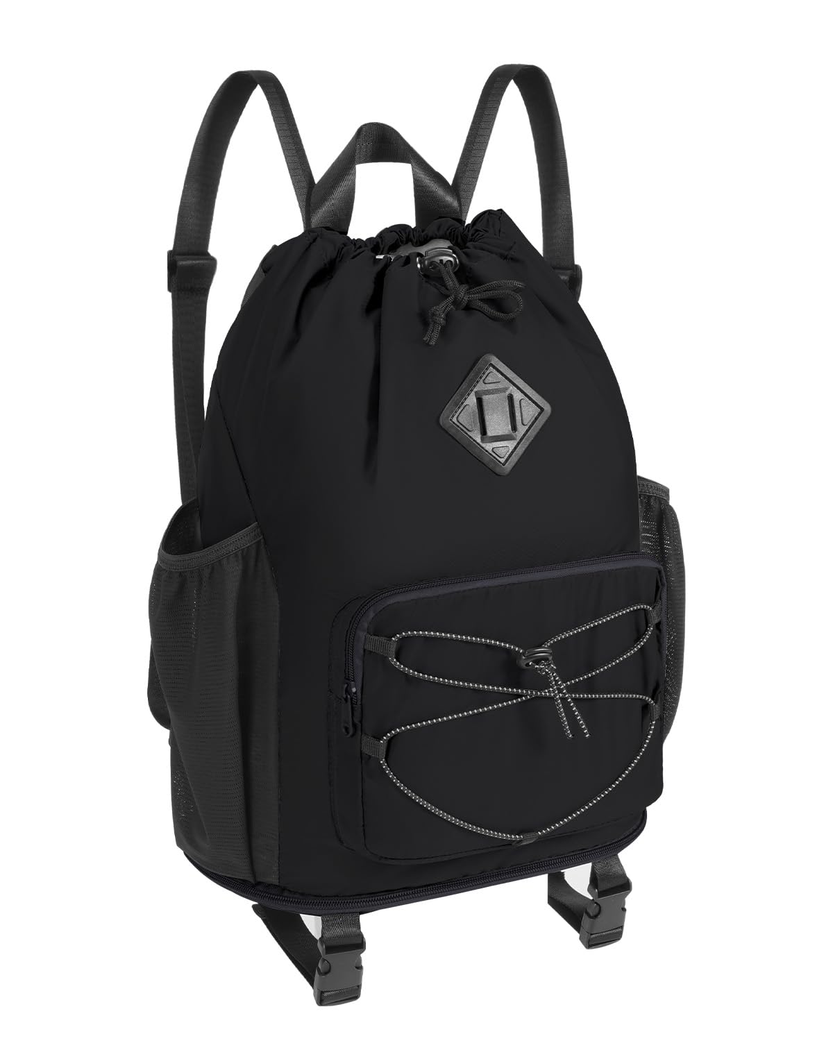WANDF Drawstring Backpack, Swim Bag with Removable Wet Pocket – Sandproof Waterproof Beach Backpack, Bottom Compression Strap for Mat, Gym Travel Workout Gear, Black