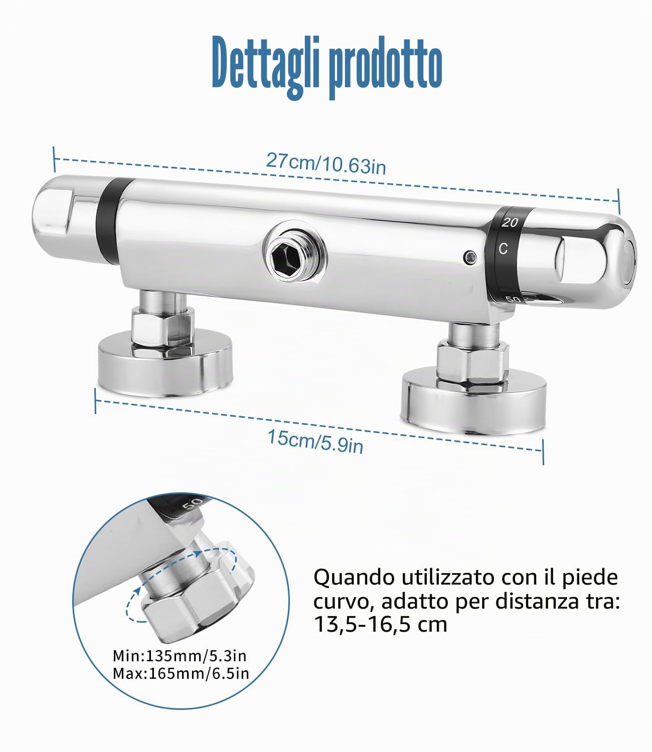 Rubinetto per doccia con termostato, miscelatore termostatico, termostatico, doccia a parete, con pulsante di sicurezza a 38 °C, miscelatore termostatico, rubinetto doccia in ottone