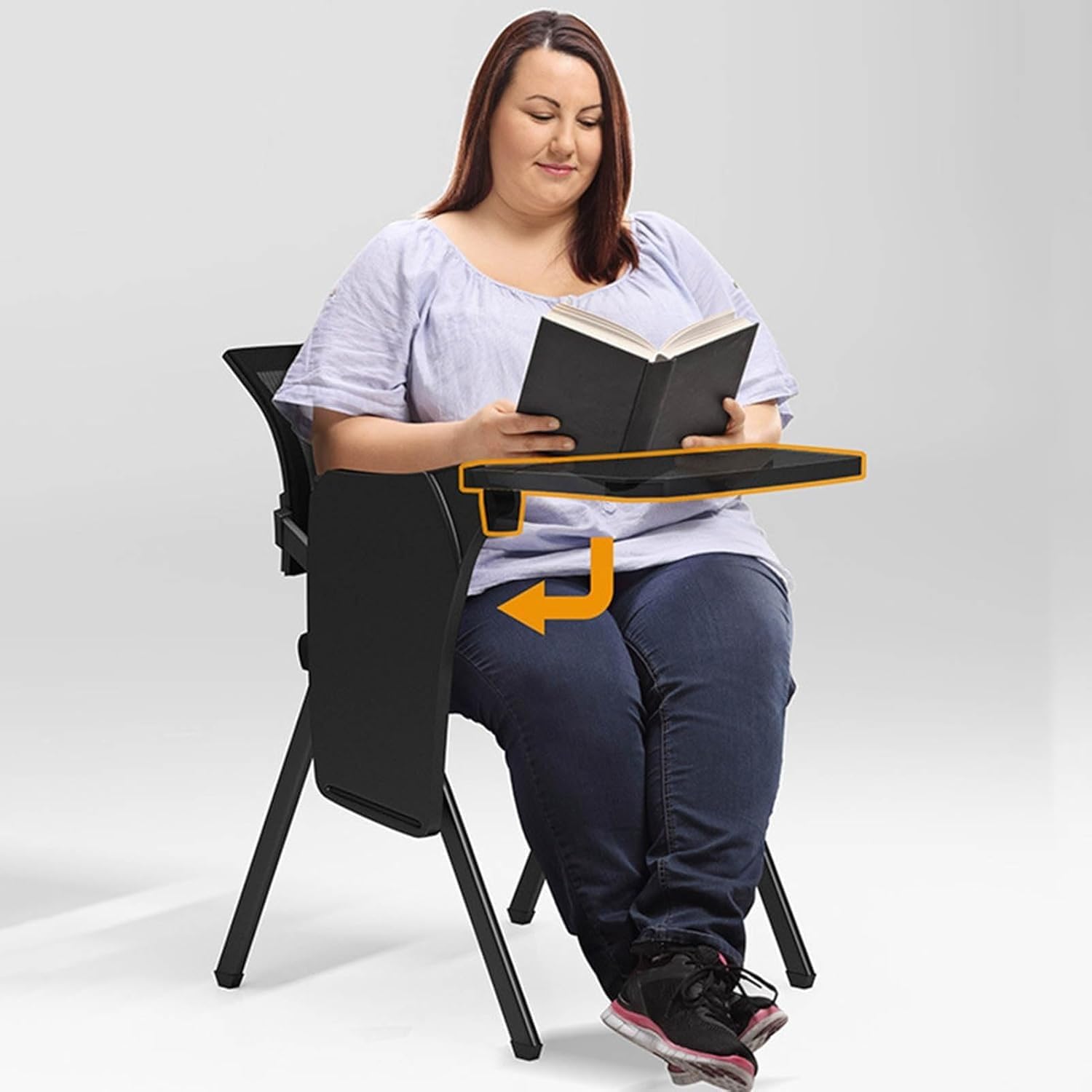 Ergonomic Folding Conference Chair with Right Handed Tablet Arm Breathable Mesh and Padded Fabric Seat Ideal(Green)
