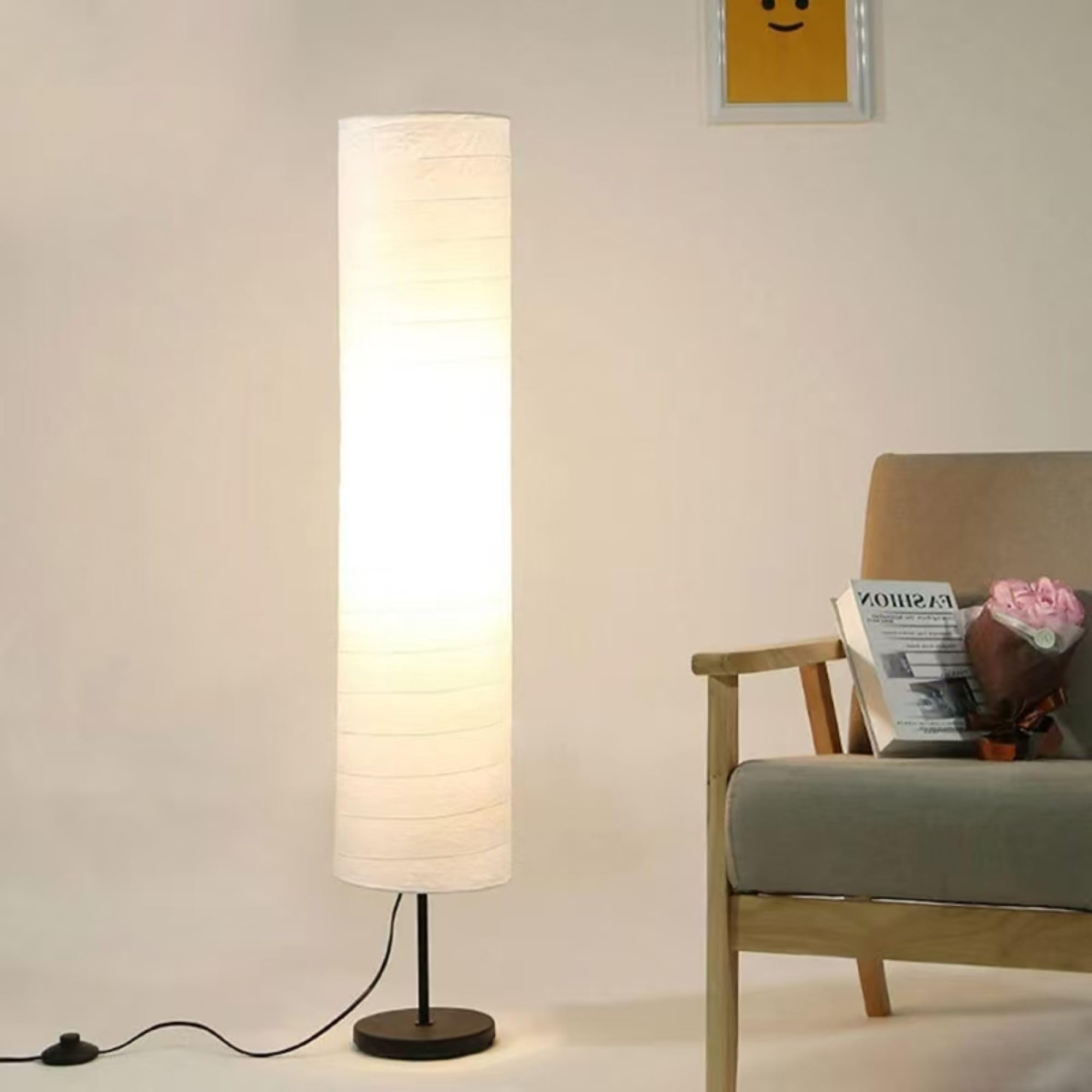 Lámpara de Suelo de Papel de 46 Pulgadas con Bombilla LED de 9W 3 Temperaturas de Color, Base de Acero Inoxidable y Interruptor de Pie Encendido/Apagado, Color Blanco