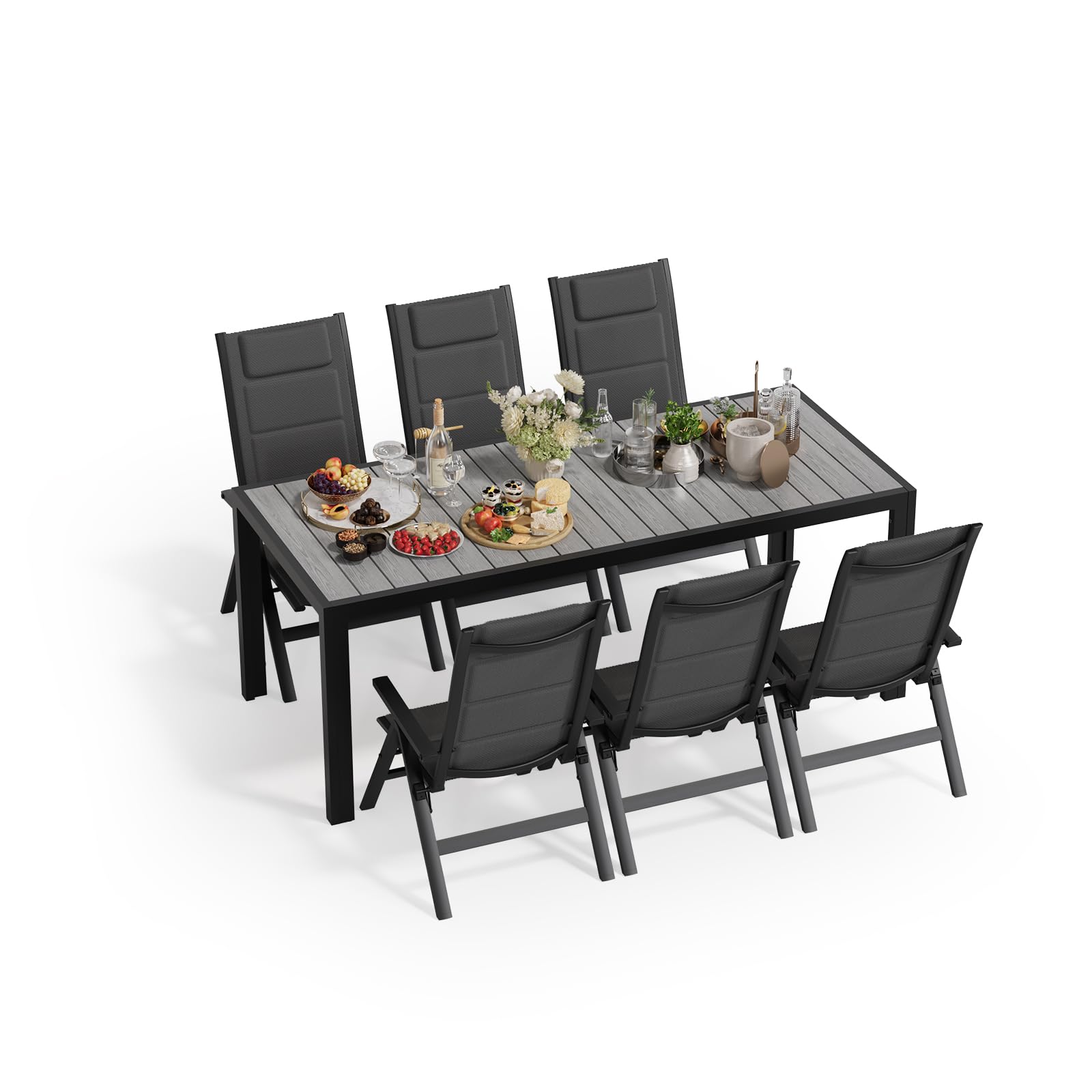 JUMMICO Gartenmöbel Set Klappbar, 5-Fach Verstellbarer Aluminium Sessel mit Holztisch, Wetterfestes Terrassenmöbel für Balkon und Garten