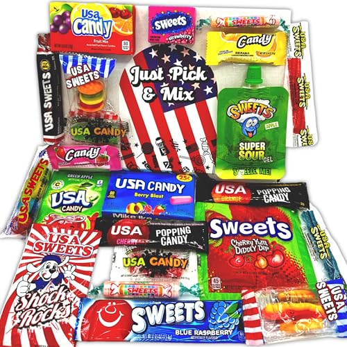 Just Pick & Mix American Sweets Box Gift Hamper for Kids American Candy Favourite USA Sweets Brands Birthday Sweet Hamper Thank You & Treat Snacks Gifts American Hamper