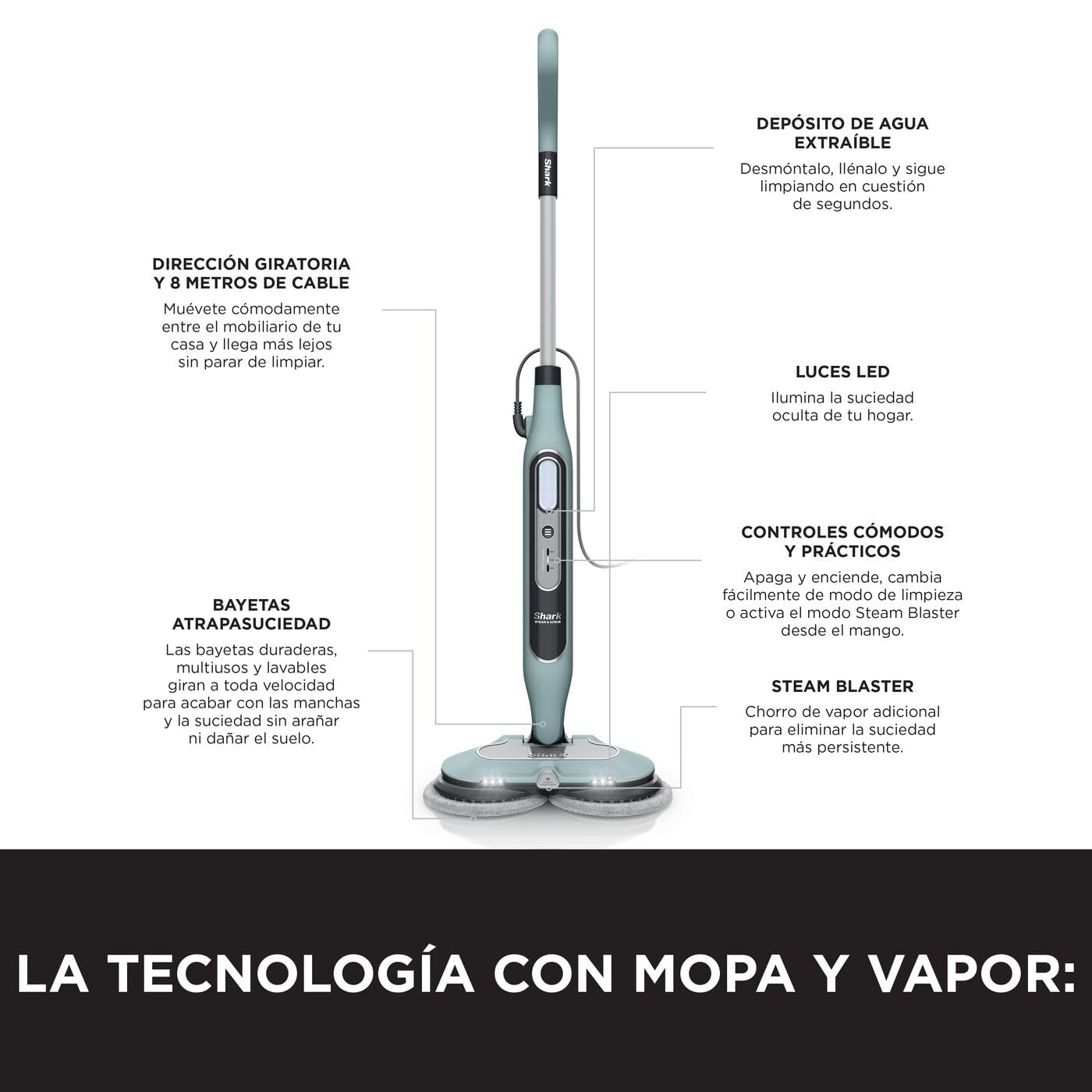 Shark Mopa de Vapor Automática con Tecnología Steam Blaster - 3 Niveles de Vapor para Eliminar Manchas y Suciedad Incrustada - Incluye 6 Bayetas Dirt Grip - Verde Salvia, S8201EUCP