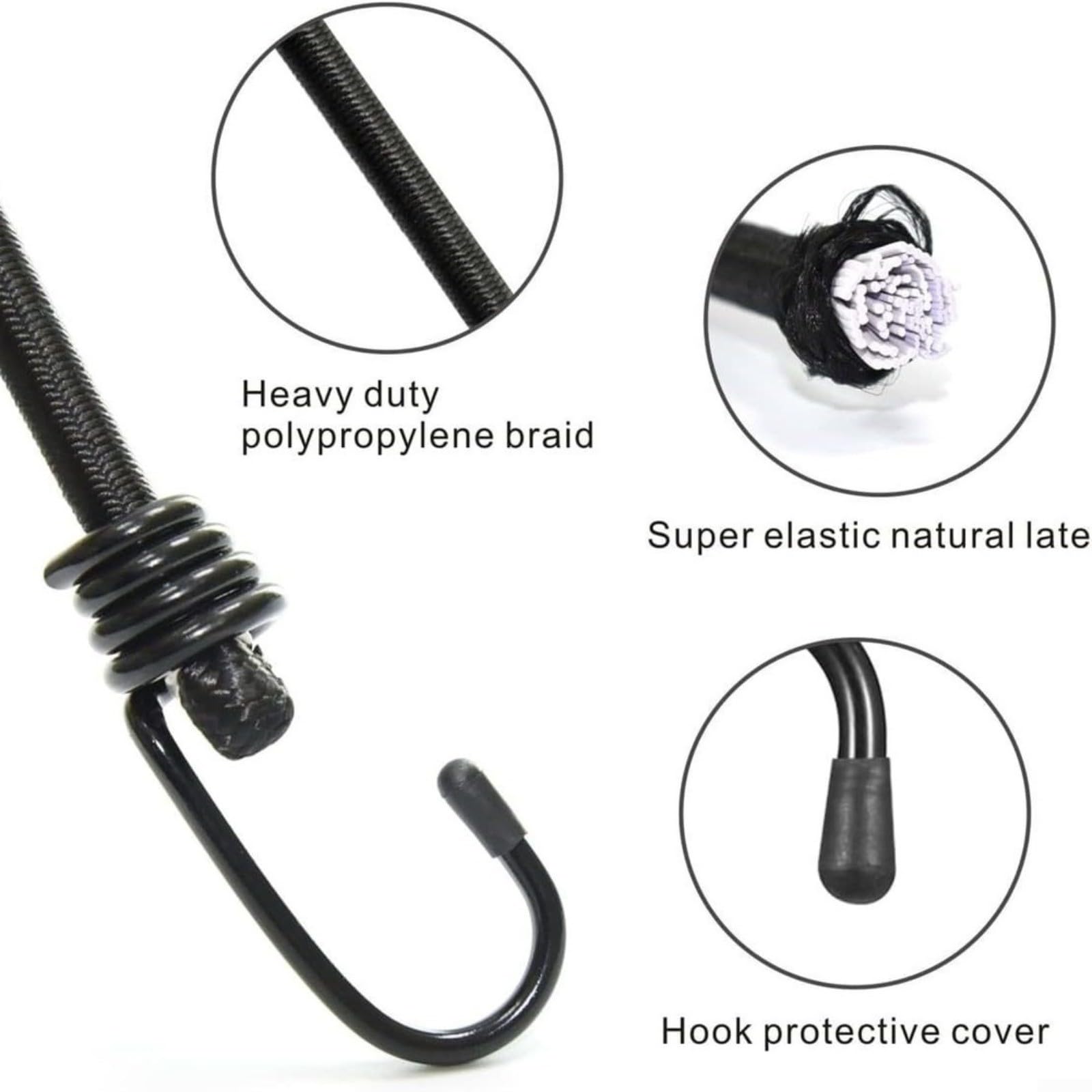 Cavi elastici resistenti con ganci, 35 kg, resistenza alla trazione, nucleo in lattice di polipropilene, nero, per fissare il carico su moto, biciclette e campeggio (120 cm x 10 pezzi)
