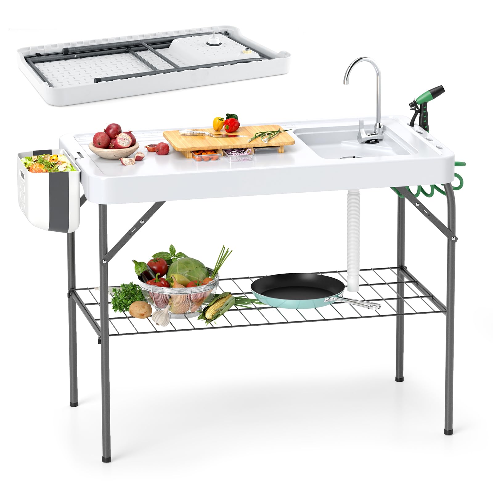 COSTWAY Folding Picnic Table, Portable Fish Cleaning Cutting Station with Sink, Grid Rack, Faucet, Spray Nozzle, Drain Hose and Knife Slot, Outdoor Camping Sink Table, 150kg Capacity