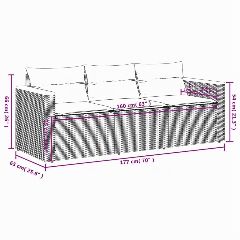 vidaXL Divano da Giardino a 3 Posti con Cuscini Nero in Polyrattan