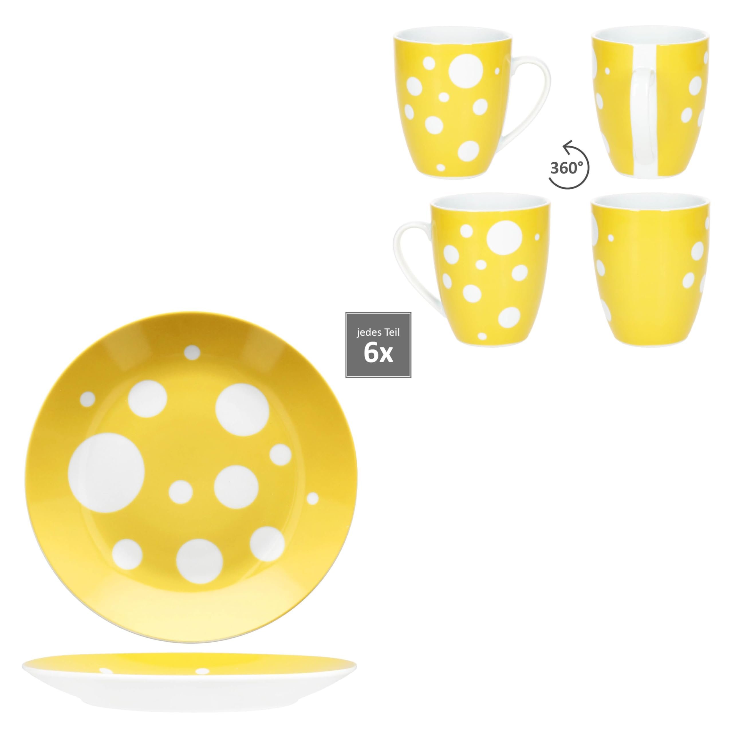 MamboCat Pula gelb 12tlg Frühstücksset I je 6X Gepunktete Kuchenteller & Kaffeebecher 300 ml aus Porzellan I 6 Personen I gelbes Punkte-Dekor I für Frühstück & Kaffee