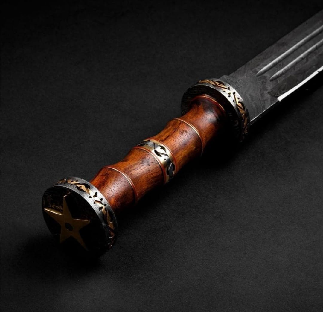25 Inch Long Double Edge Sharp Hunting Sword Custom Handforged Damascus Steel Survival Sword Rose Wood Grip with Leather Sheath Combat Sword by Empire Industry