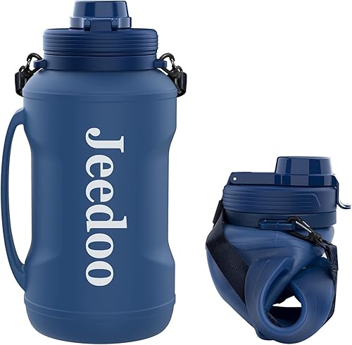 Jeedoo Botellas de agua plegables botella de agua con pajita y marcador de tiempo botella de agua de 64 onzas para gimnasio al aire libre senderismo