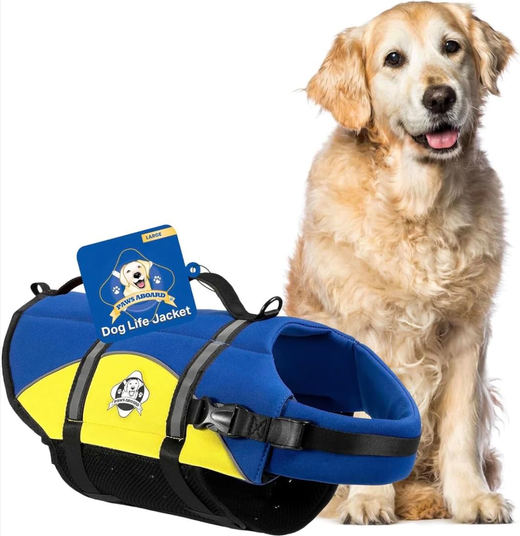 Dog Life Jacket — Premium Swim Vest with SafeChin Anti-Choke Collar | PAWS Aboard Blue & Yellow | RapidLift Rescue Handle, D-Ring, Reflective Trim | Boating, Kayaking, Pool | Large (50–80 lbs) | Fits 50-80 lb dogs. Nylon shell, closed-cell foam core, SafeChin chin-float collar, RapidLift rescue handle, D-ring