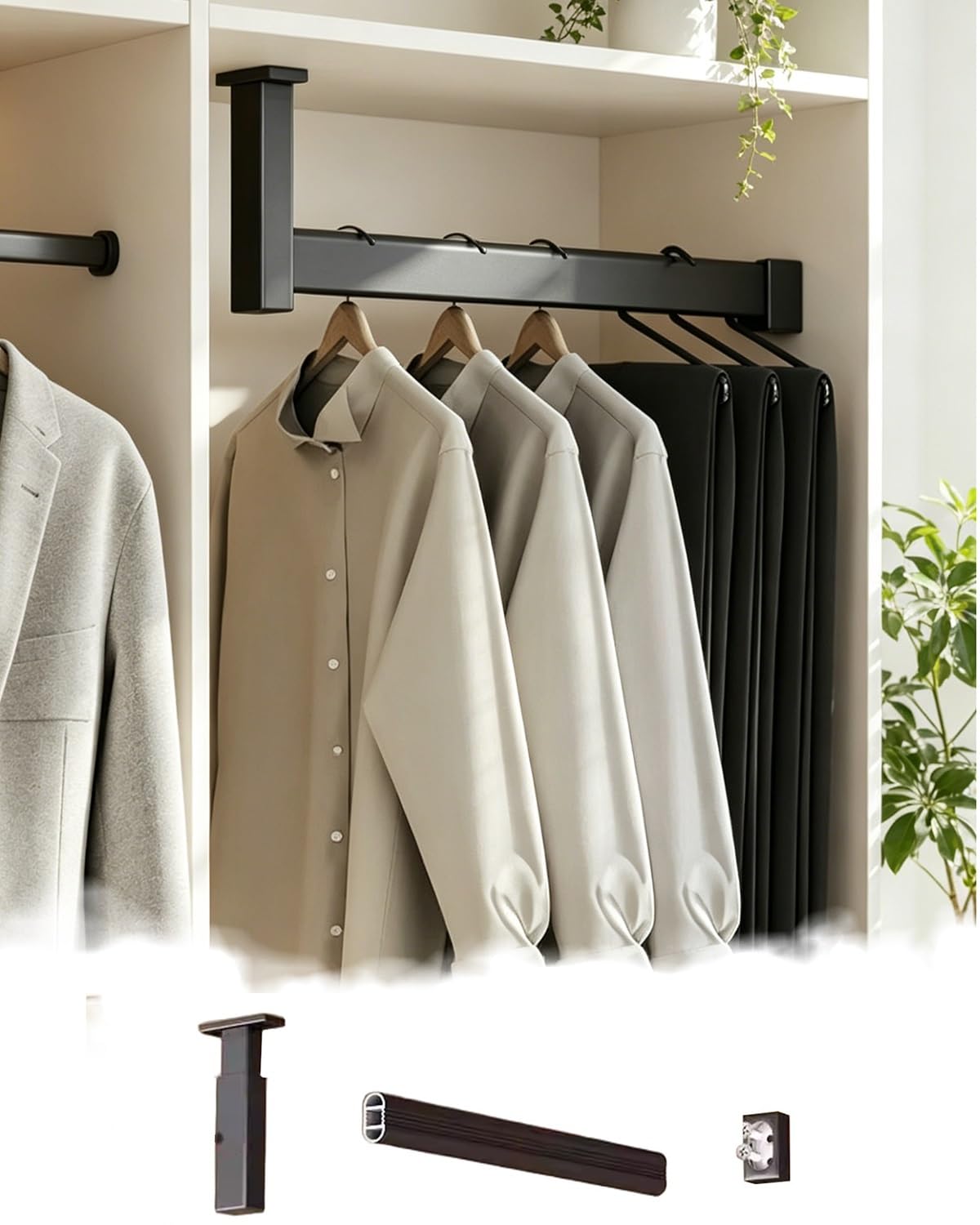 Wardrobe Rail Height Adjustable Clothes Hanging Bar, Aluminum Wardrobe Rail for Bathroom Home Storage, Heavy Duty Closet Pole with Rubber Anti-Slip Strip(50inch/127cm)