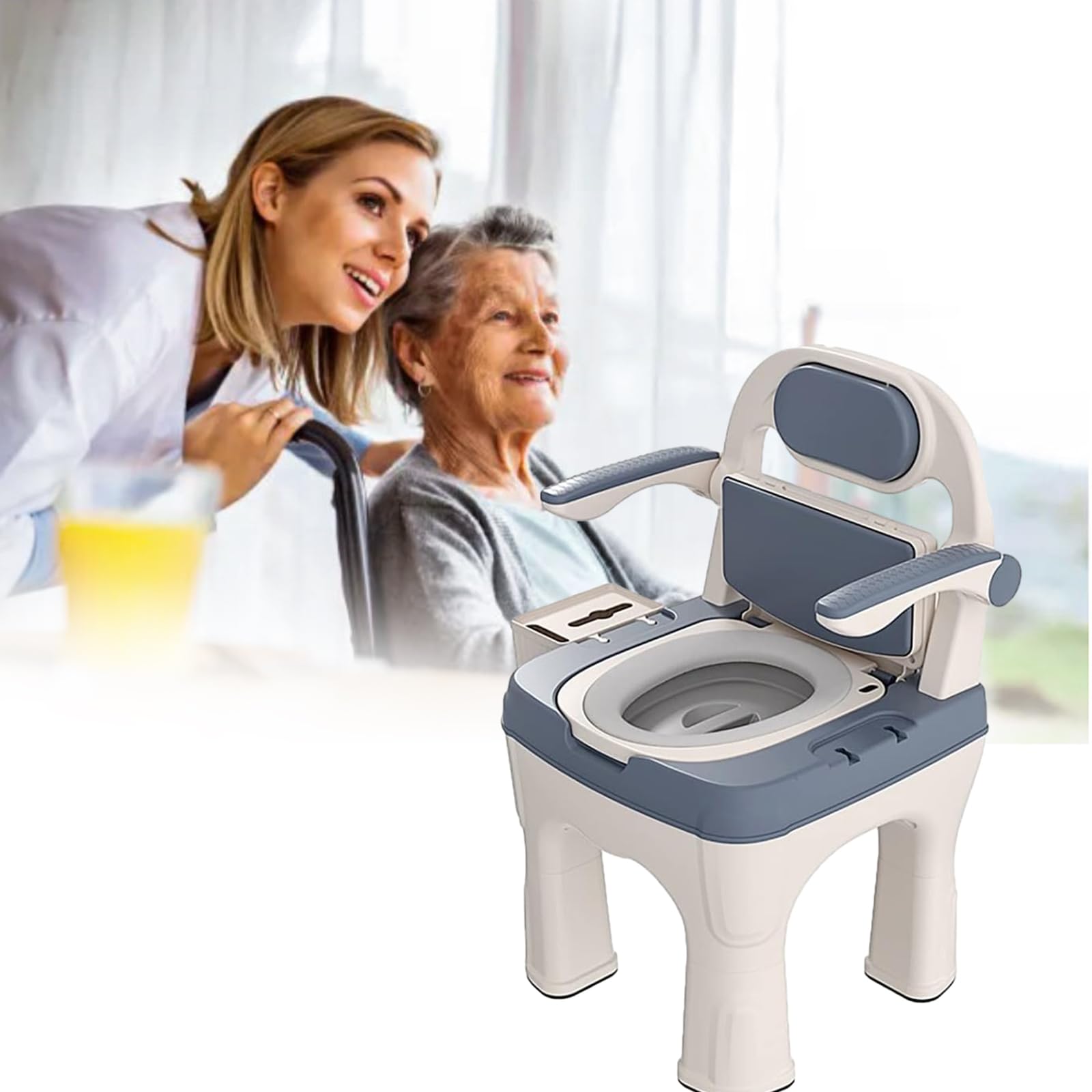 BHGFYXBS Drop Arm Commode With Padded Seat And Backrest, Sturdy Toilet Chair Removable Pail Toilet Seat For Adults And Seniors Safer Toilet Alternative Supports Up To 660Lbs, Oran,Blue