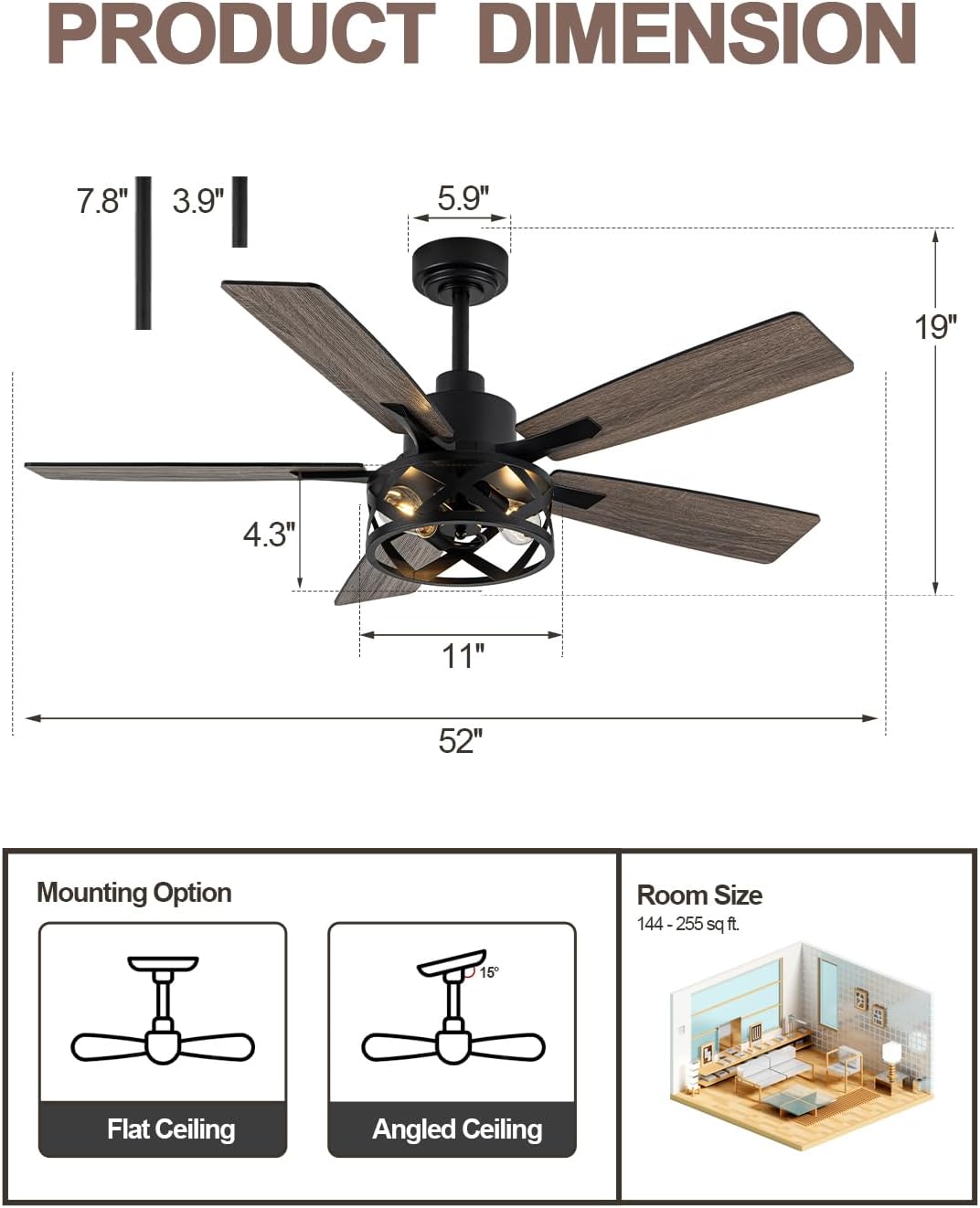 52 Inch Farmhouse Ceiling Fan with Light and Remote Industrial Ceiling Fan Quiet and Reversible DC Motor Rustic Caged Chandelier Fan for Living Room Bedroom Patio