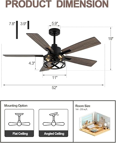 Miniatura 6 de Ventilador de techo de 52 pulgadas con luz y control remoto, ventilador de techo industrial silencioso y reversible, motor de corriente continua,