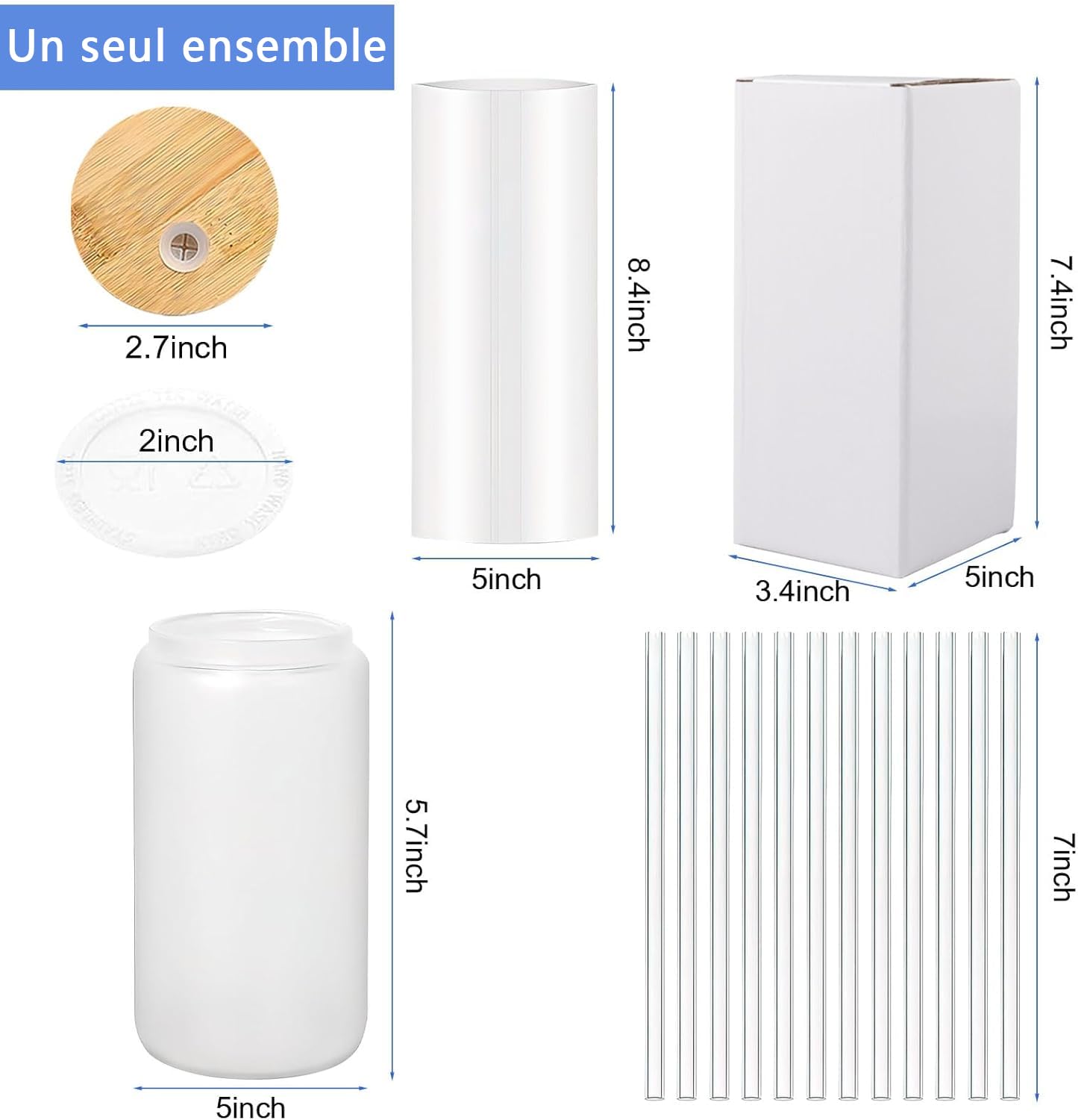 Lot de 12 Verres Givrés à Sublimation 16oz, Gobelets en Verre Borosilicate avec Couvercles en Bambou et Pailles, Blanks pour Bière, Jus, Soda, Café Glacé, Boissons