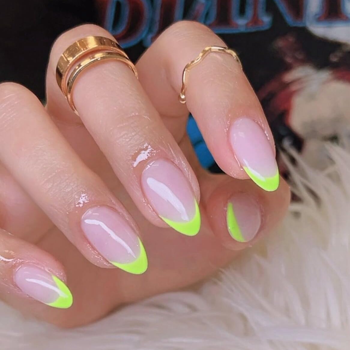 SXVME 30 Pcs Acrylic Press on Nails Short Almond, Neon Green French Tip False Nails Short Pointed Stiletto - Image 3