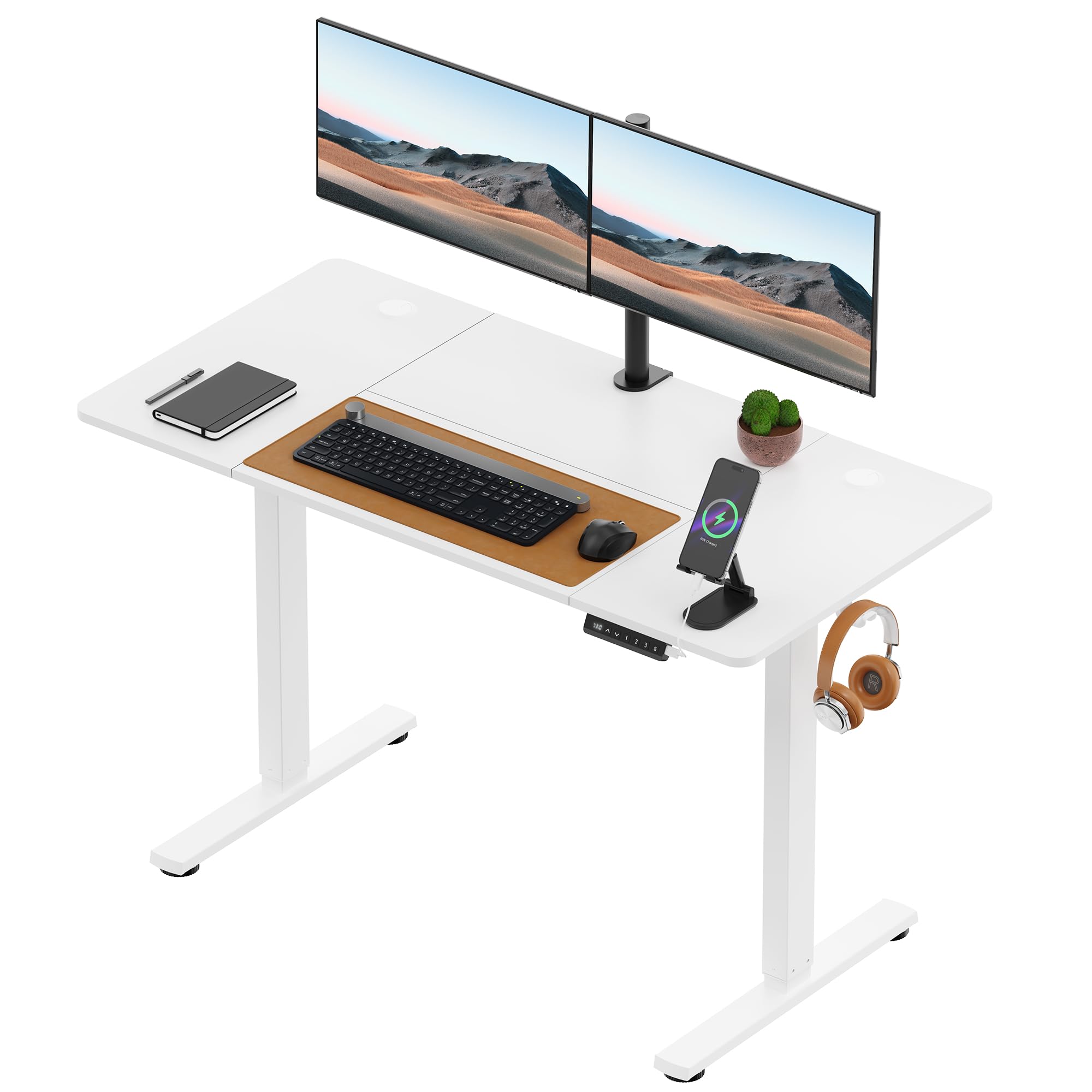 VonHaus Electric Standing Desk, USB-C Charging Height Adjustable Sit Stand Desk with Anti-Collision, Height Preset Technology & Cable Management, White Four Piece Desktop & Steel Frame, 120x60cm