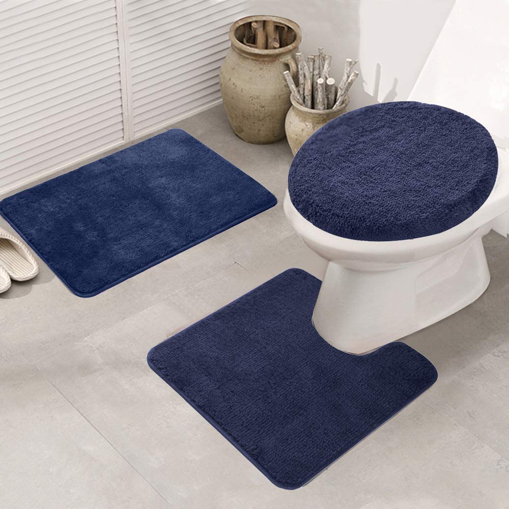 Lot de 3 tapis de bain antidérapants en microfibre douce à haute densité absorbant l'eau et lavable en machine (bleu marine)