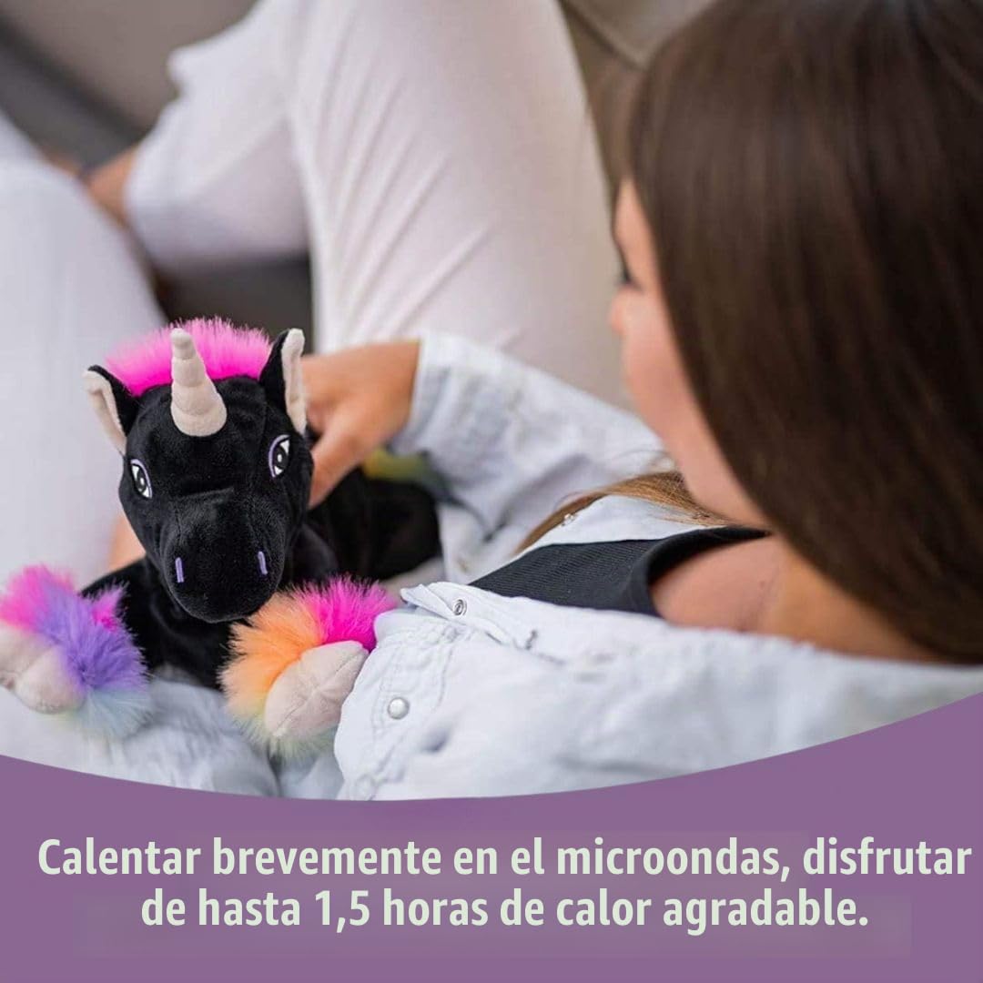 Habibi Cojín térmico prémium para niños y adultos – 1848 Unicornio Black Rainbow – relleno de mijo extraíble – peluche térmico para calentar en el microondas / horno, ideal también para bebés