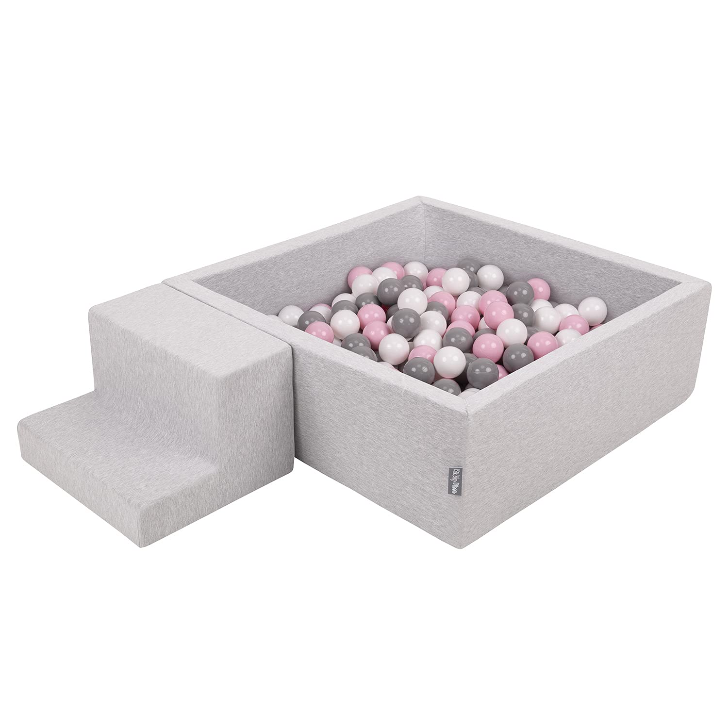KiddyMoon Foam Playground For Kids With Square Ballpit (200 Balls ∅ 7Cm/2.75In) Soft Obstacles Course And Ball Pool, Made In The EU, Lightgrey:White/Grey/Powderpink