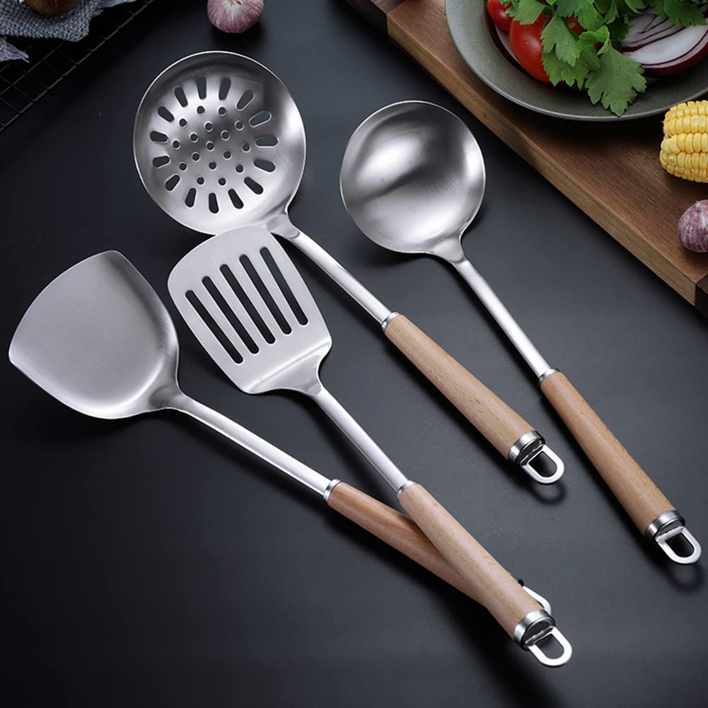 4 Pieces Stainless Steel Kitchen Utensil Set,304 Stainless Steel Wok Spatula,Soup Ladle,Colander and Spatula with Long Heat Resistant Wood Handle. (4Pcs Round Handle)
